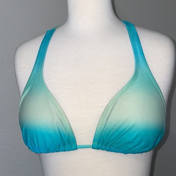 H&M green ombré halter bathing suit bikini top in women’s size 4 w/string ties - Picture 3 of 7